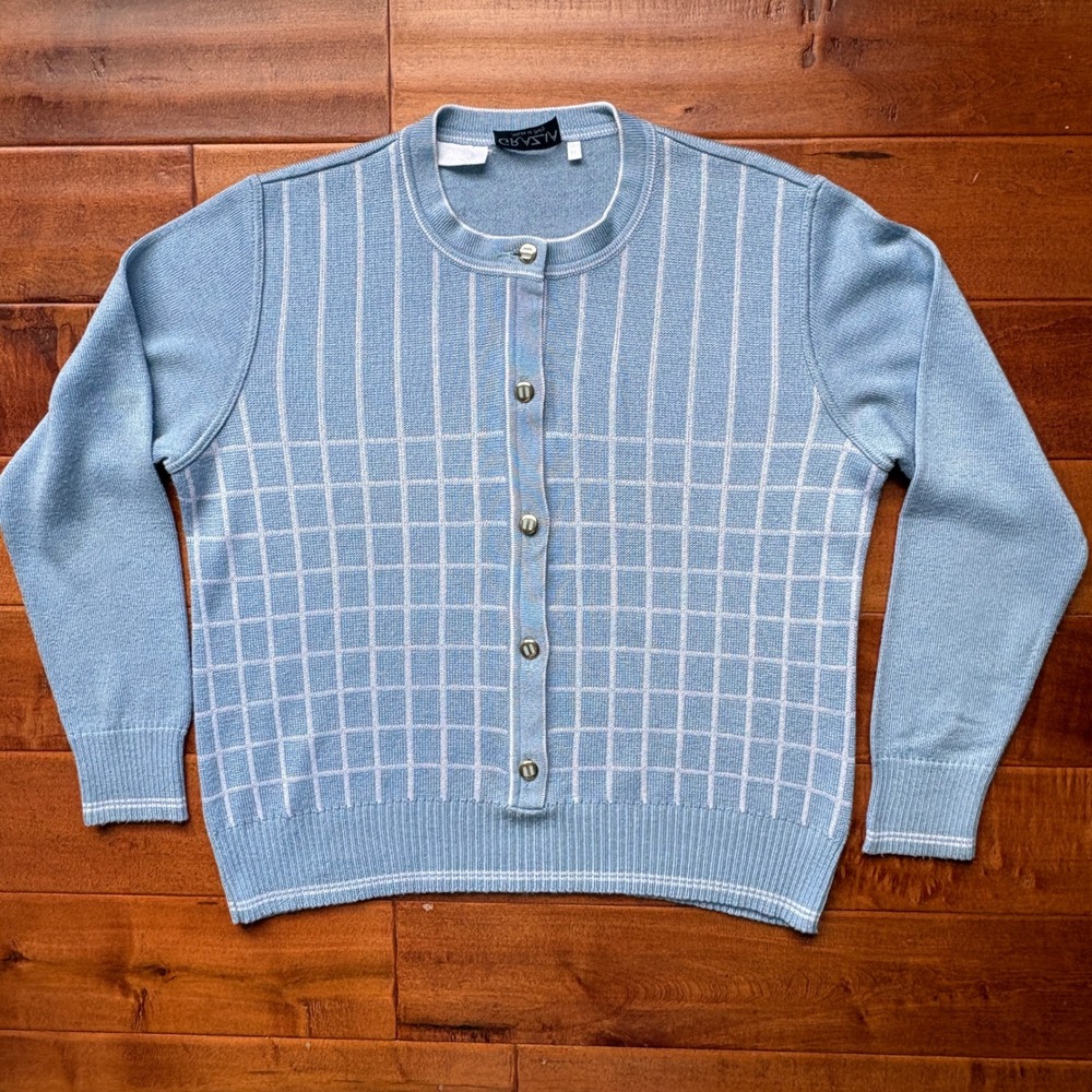 Grazia Made in Italy Blue Grid Button Front‎ Cardigan Sweater Womens 14